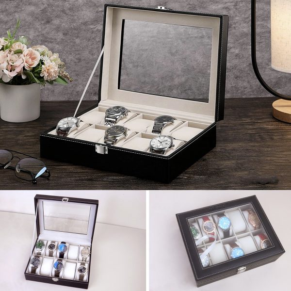 10 Slots PU Leather Watch Display Box - Black - Image 2