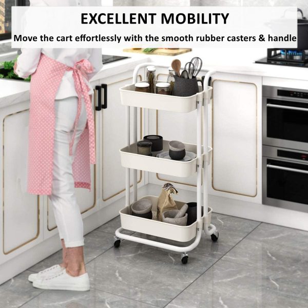 3 Tier Rolling Utility Cart Storage Trolley - White - Image 3