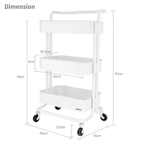 3 Tier Rolling Utility Cart Storage Trolley - White - Image 4