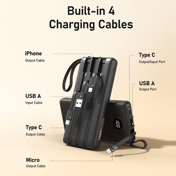 Veektomx 10000mAh 4 Outputs Power Bank With Built in Cables - Image 3