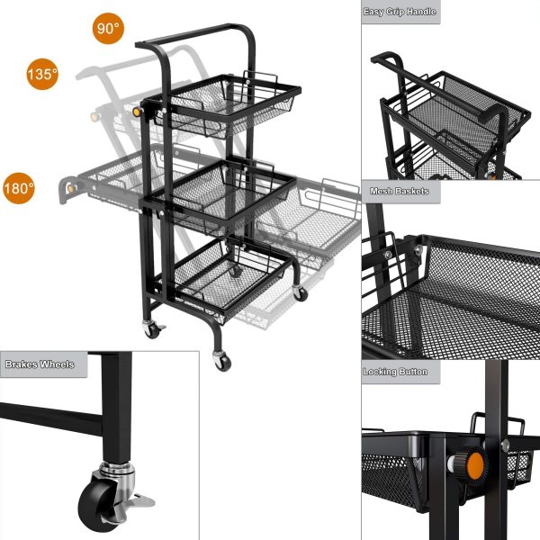 3 Tier Adjustable Rolling Utility Cart - Image 3