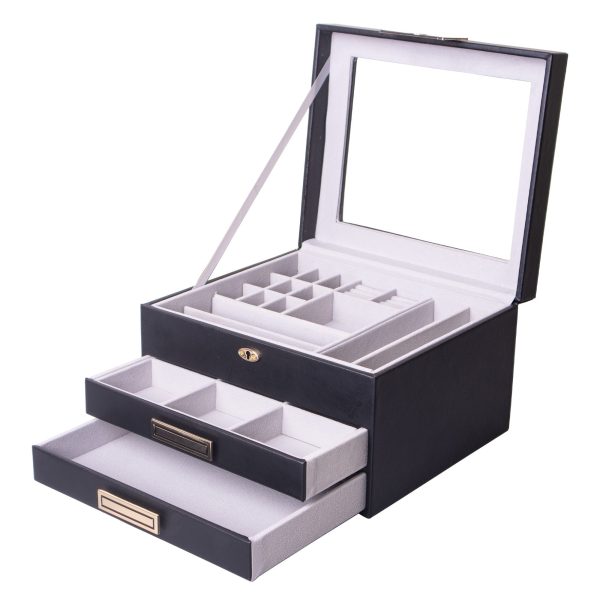 3 Tier PU Leather Jewelry Organizer - Black