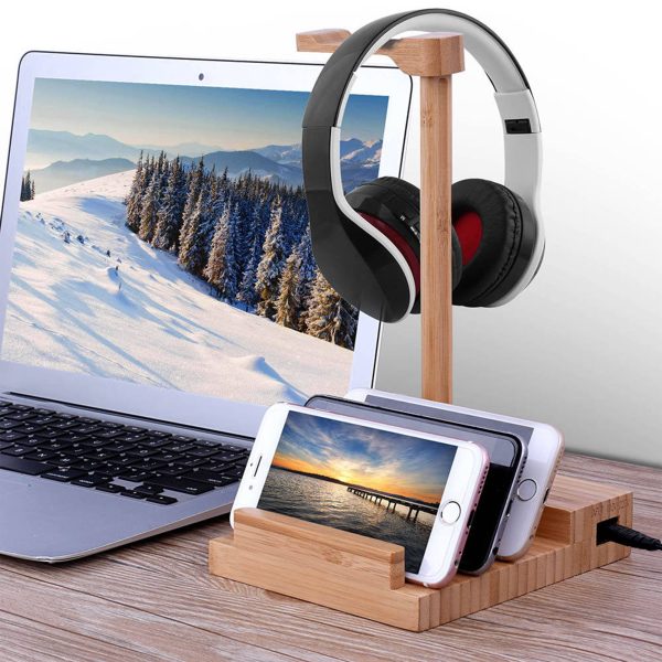 Bamboo Headphone Stand with Charging Station (Clearing Item) - Image 2