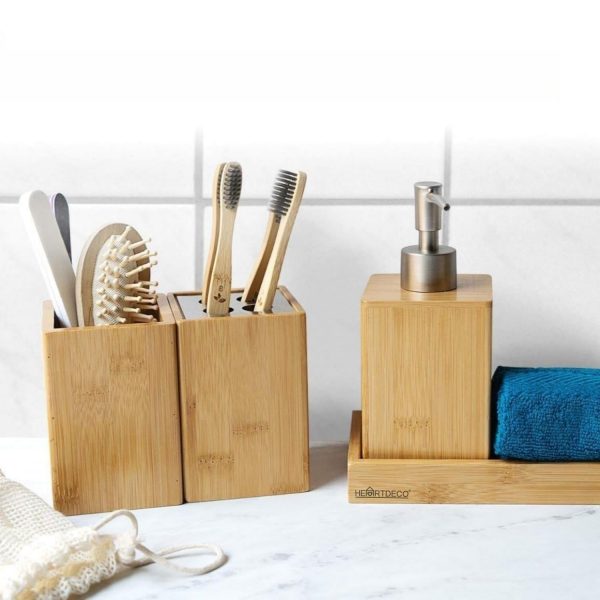 Bamboo Bathroom Accessories Set Soap Dispenser Organizer - Image 2