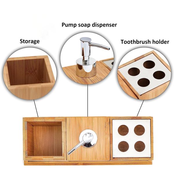 Bamboo Bathroom Accessories Set Soap Dispenser Organizer - Image 3