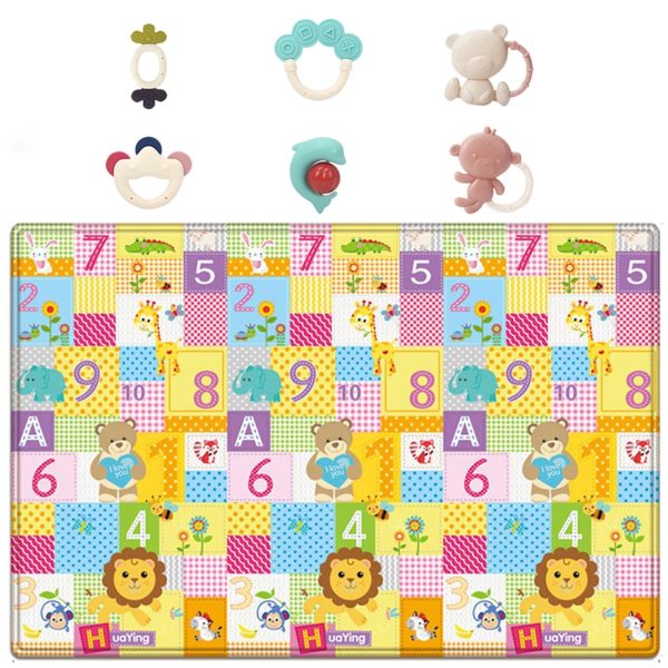 Large Waterproof Baby Toddler Crawling Play Mat & 6pcs Teether Toys Set