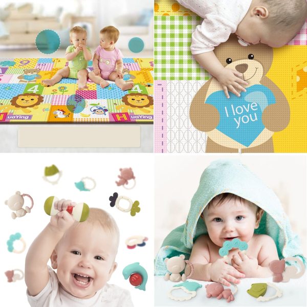 Large Waterproof Baby Toddler Crawling Play Mat & 6pcs Teether Toys Set - Image 2