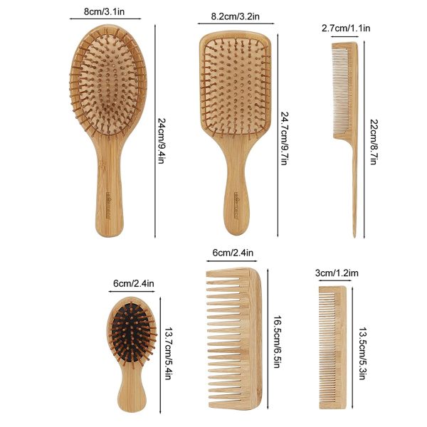 Bamboo Detangling Hair Brush Comb 6Pcs Set - Image 4