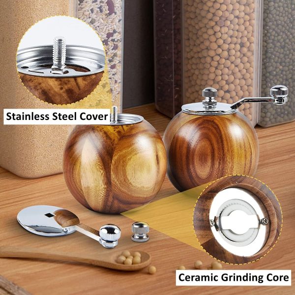 Round Wooden Manual Pepper Salt Grinder Set - Image 3