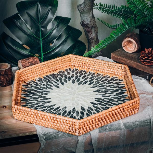 Set of 2 Woven Rattan Mother of Pearl Serving Tray-Hexagon - Image 2