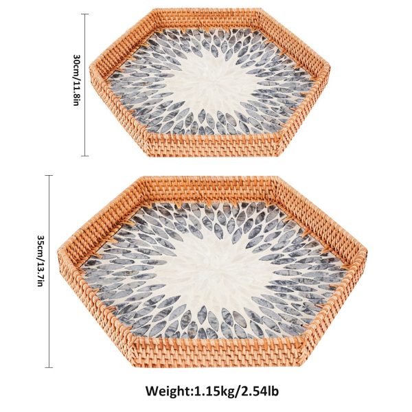 Set of 2 Woven Rattan Mother of Pearl Serving Tray-Hexagon - Image 4