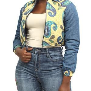 Ethnic And Denim Bomber Jacket - Teal