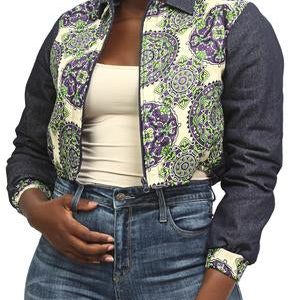 Ethnic And Denim Bomber Jacket - Green