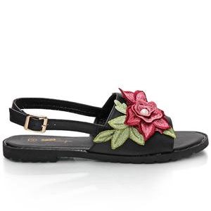 Rose Print Sandals - Black